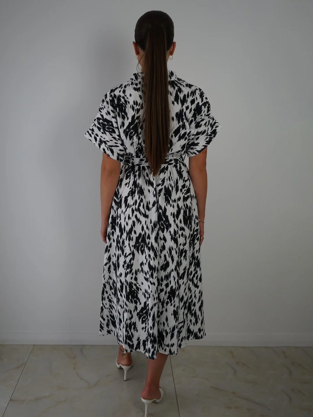 Shirt Dresses Two-Tone Short Sleeves Belted Busniess Casual Midi Dresses