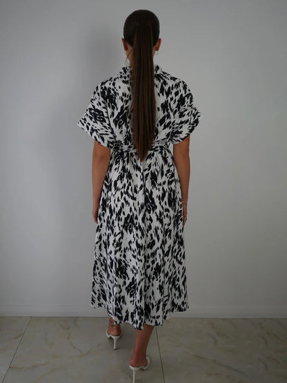 Shirt Dresses Two-Tone Short Sleeves Belted Busniess Casual Midi Dresses