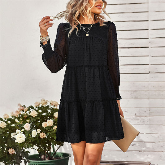 Swiss Dot Round Neck Mini Dress in Black, Blue, Green, Pink