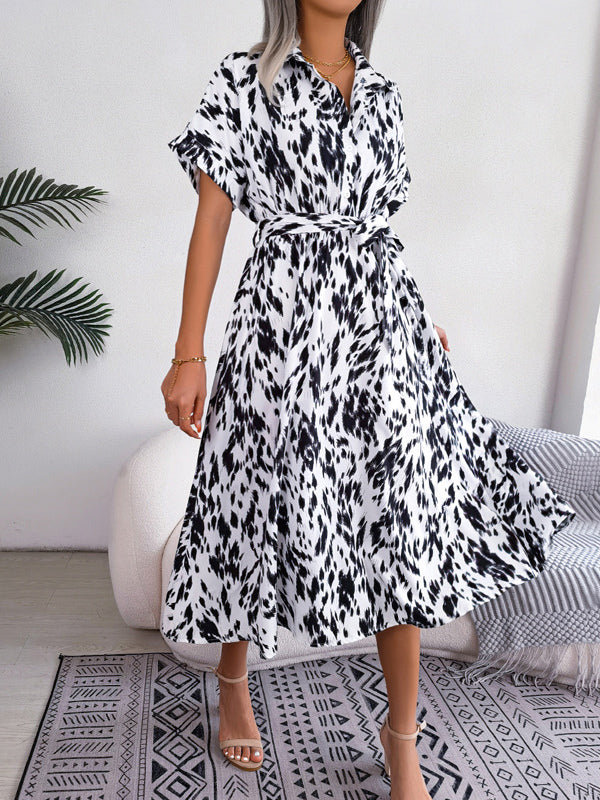 Shirt Dresses Two-Tone Short Sleeves Belted Busniess Casual Midi Dresses