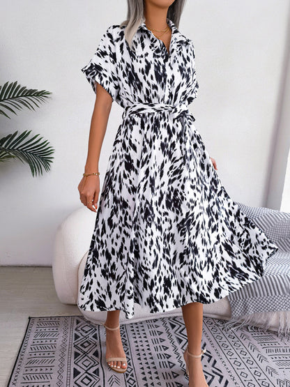 Shirt Dresses Two-Tone Short Sleeves Belted Busniess Casual Midi Dresses