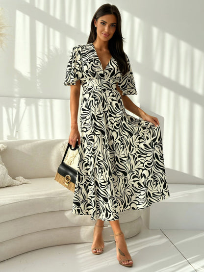 Summer Casual Dress Printed Short Sleeves V-Neck A-Line Midi Dresses