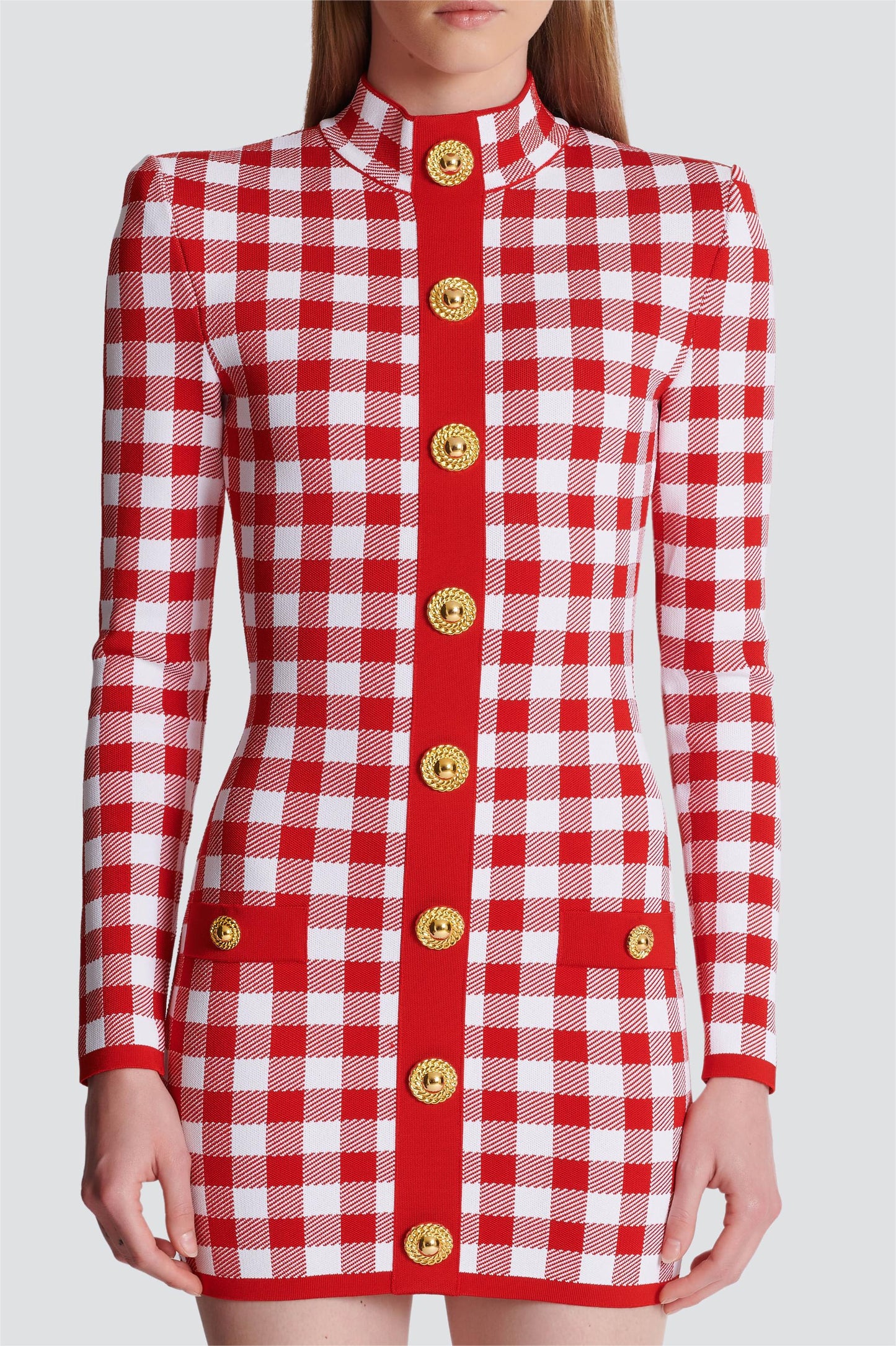 Knit Checks Metal Button Mini Dress