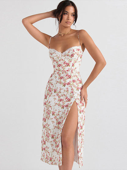 Floral Print Lace Backless Bohemian Straps Neck Midi Dress