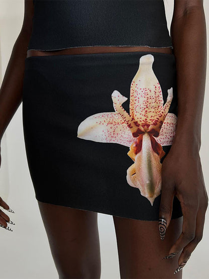 TARUXY Flower Mini Dress Set Women Summer Bodycon O Neck Slim Crop Tops Ladies Beach Sexy Slim Skirt 2 Piece Sets Womens Outfits