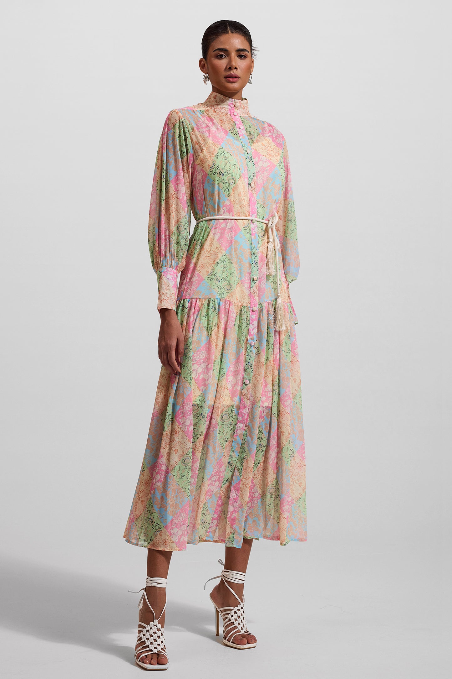 Floral Lantern Sleeve Stand Collar Midi Dress