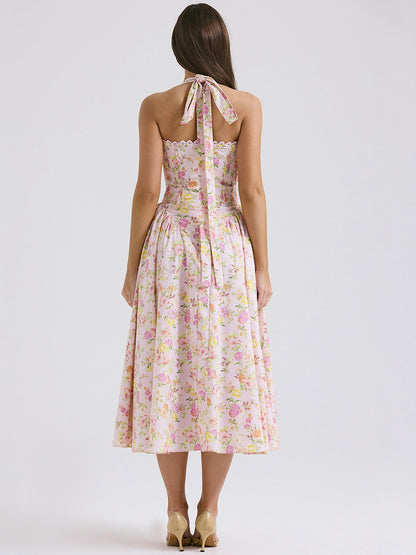 Corset Dress Floral Halter Lace Up Front Pleated Eyelet Trim Party Midi Dresses