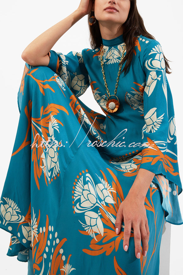 Shine The Light Unique Printed High Neck Bell Sleeve Loose Maxi Dress