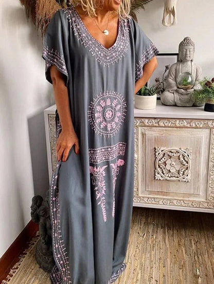 Bohemian V Neck Maxi Dress Short Sleeve