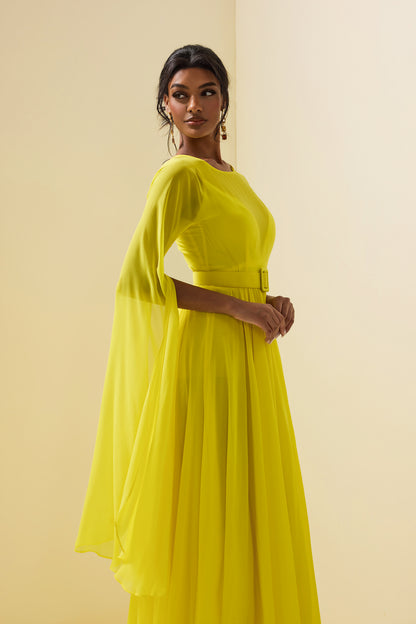 Mesh Solid Cape Sleeve Midi Dress With Belt