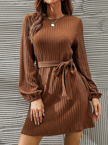 Long Sleeves Loose Hollow Solid Color Tied Waist Round-Neck Mini Dresses
