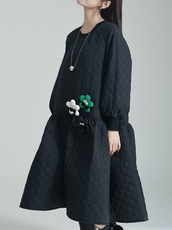 Long Sleeves Loose Pleated Quilted Split-Joint Round-Neck Midi Dresses