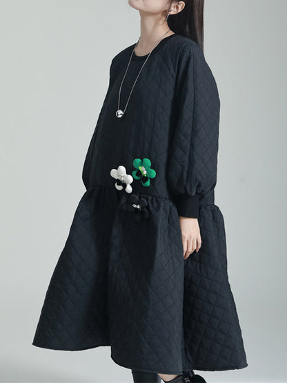 Long Sleeves Loose Pleated Quilted Split-Joint Round-Neck Midi Dresses