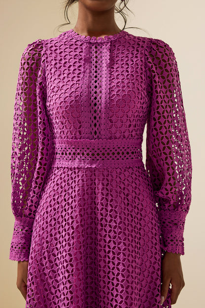Solid Lace Lantern Sleeve Midi Dress