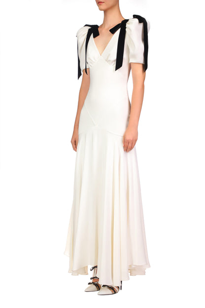 Contrast Color Bow Puff Sleeve Midi Dress