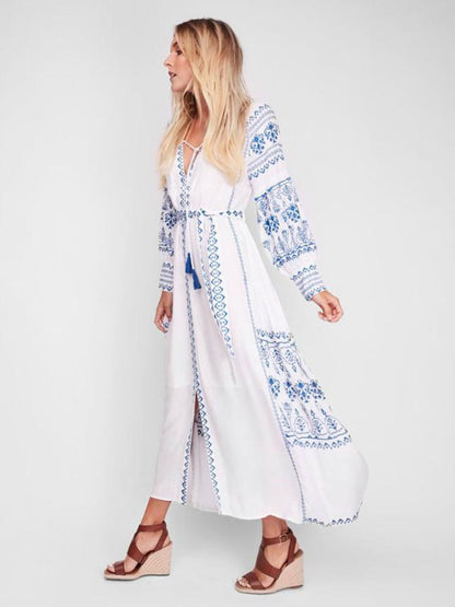 Boho Dress V-Neck Long Sleeves Bohemian Gypsy Beach Vacation White Spring Summer Belted Maxi Dress For Women