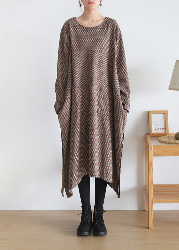 Loose Coffee Colour O-Neck Print Side Open Knit Cotton Maxi Dress Long Sleeve