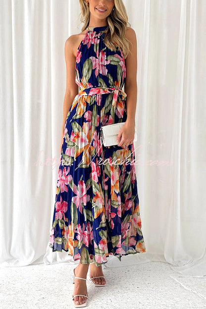Delicate Floral Print Halterneck Lace Up Pleated Maxi Dress