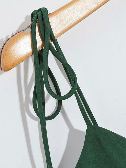 Summer Midi Dress Green Straps Neck Split Front Beach Dress