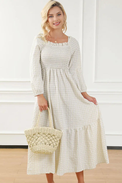 chic khaki plaid maxi dress