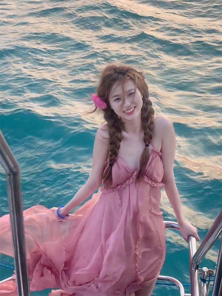 Blush Pink Halter Backless Maxi Dress – Dreamy Vacation & Beach Photoshoot Look
