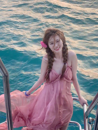 Blush Pink Halter Backless Maxi Dress – Dreamy Vacation & Beach Photoshoot Look