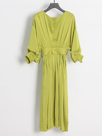 High Waisted Loose Belted Solid Color Boat Neck Midi Dresses