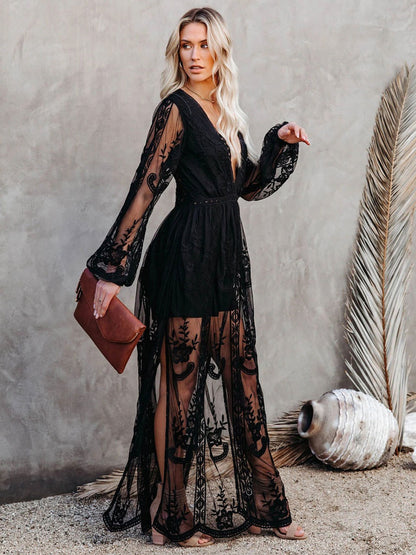 Maxi Dress V-Neck Half Sleeves Lace Bohemian Long Dress