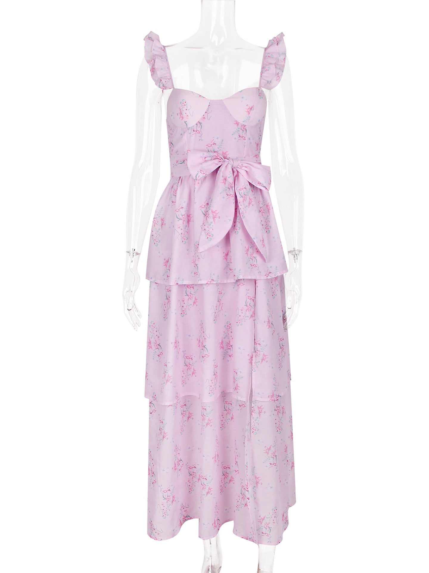 Floral Dress Layered Ruffles Backless High Slit Brunch Party Midi Dresses