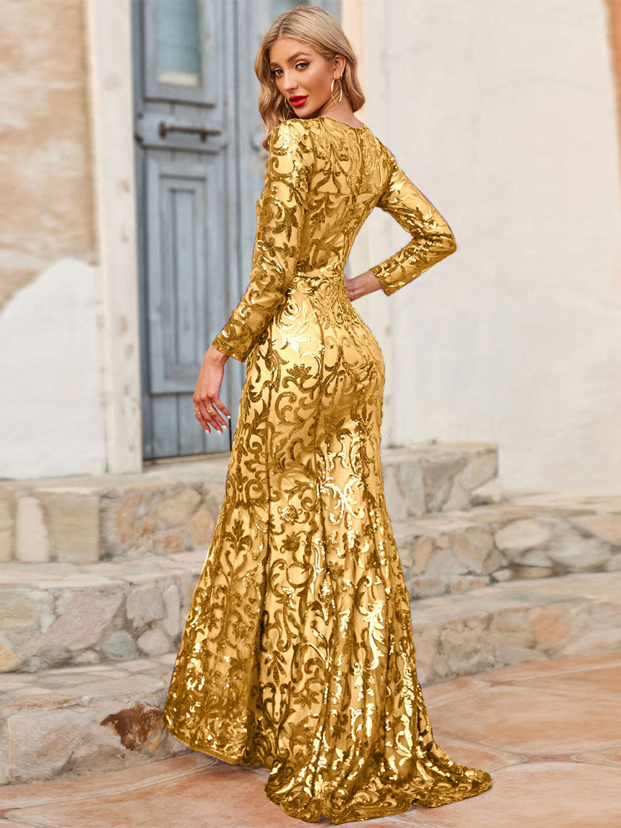 Birthday Maxi Dress Jewel Neck Long Sleeves Sexy Long Dress