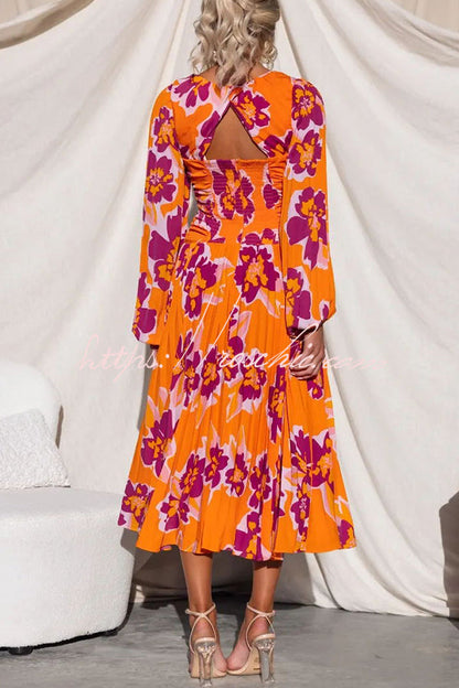 Feeling Loved Floral Print Back Cutout Pleated Midi Dress