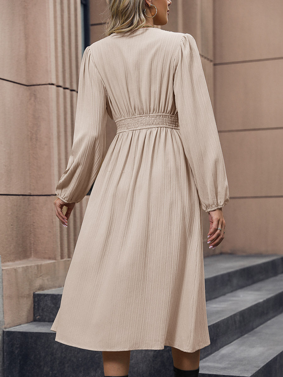 Midi Dresses V-Neck Lantern Sleeves Buttons Daily Casual Dress