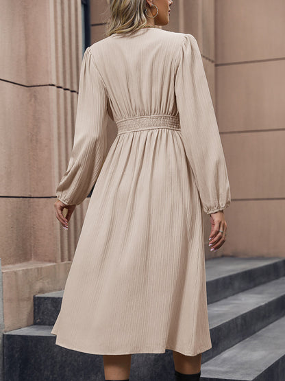 Midi Dresses V-Neck Lantern Sleeves Buttons Daily Casual Dress