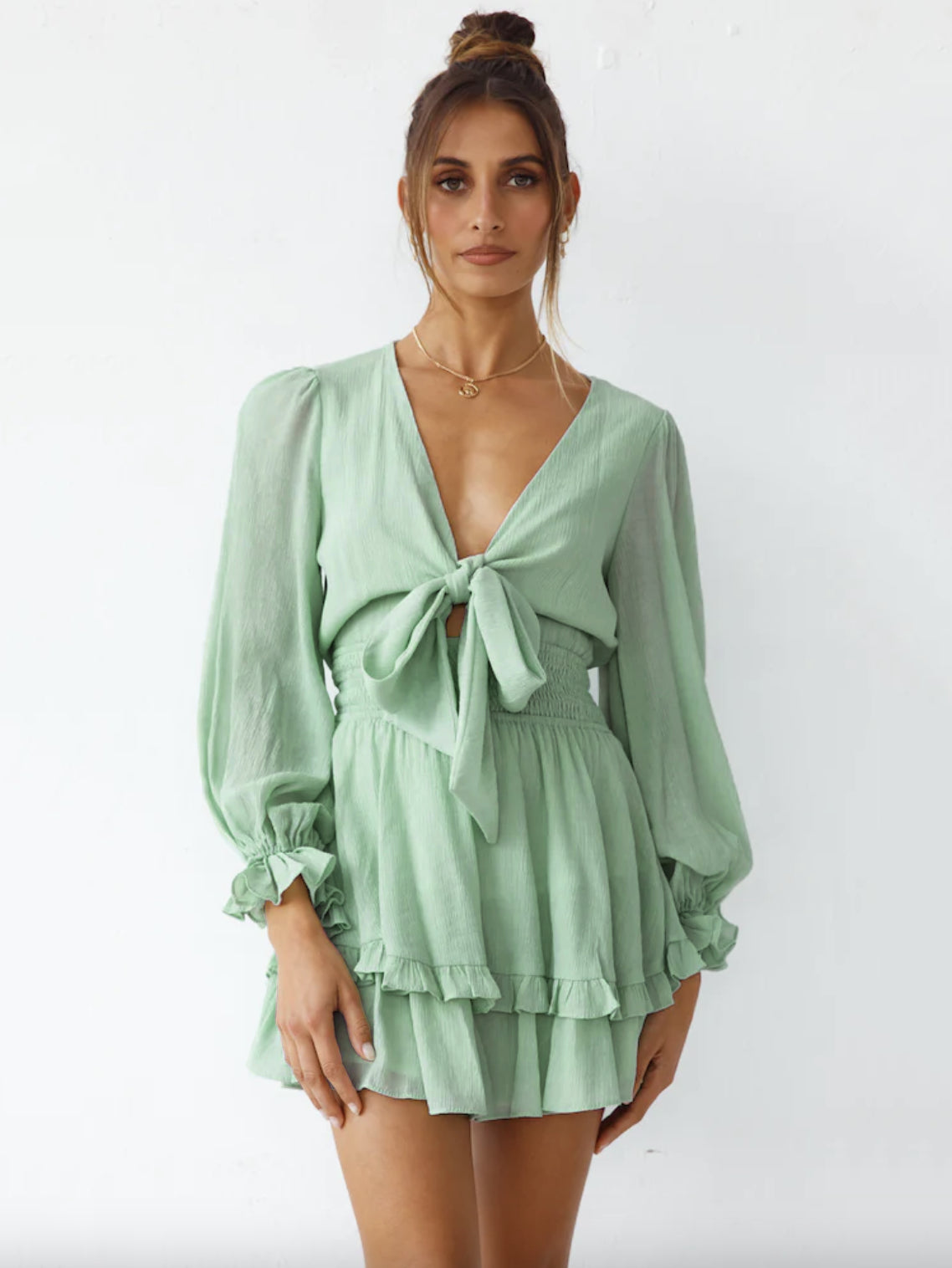Mini Dresses Green V Neck Lace Up Long Sleeves Bows Chiffon Short Summer Dress
