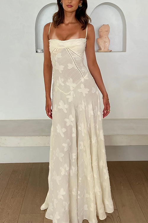 Spaghetti Strap Back Lace-up Applique Flower Lace Maxi Dress