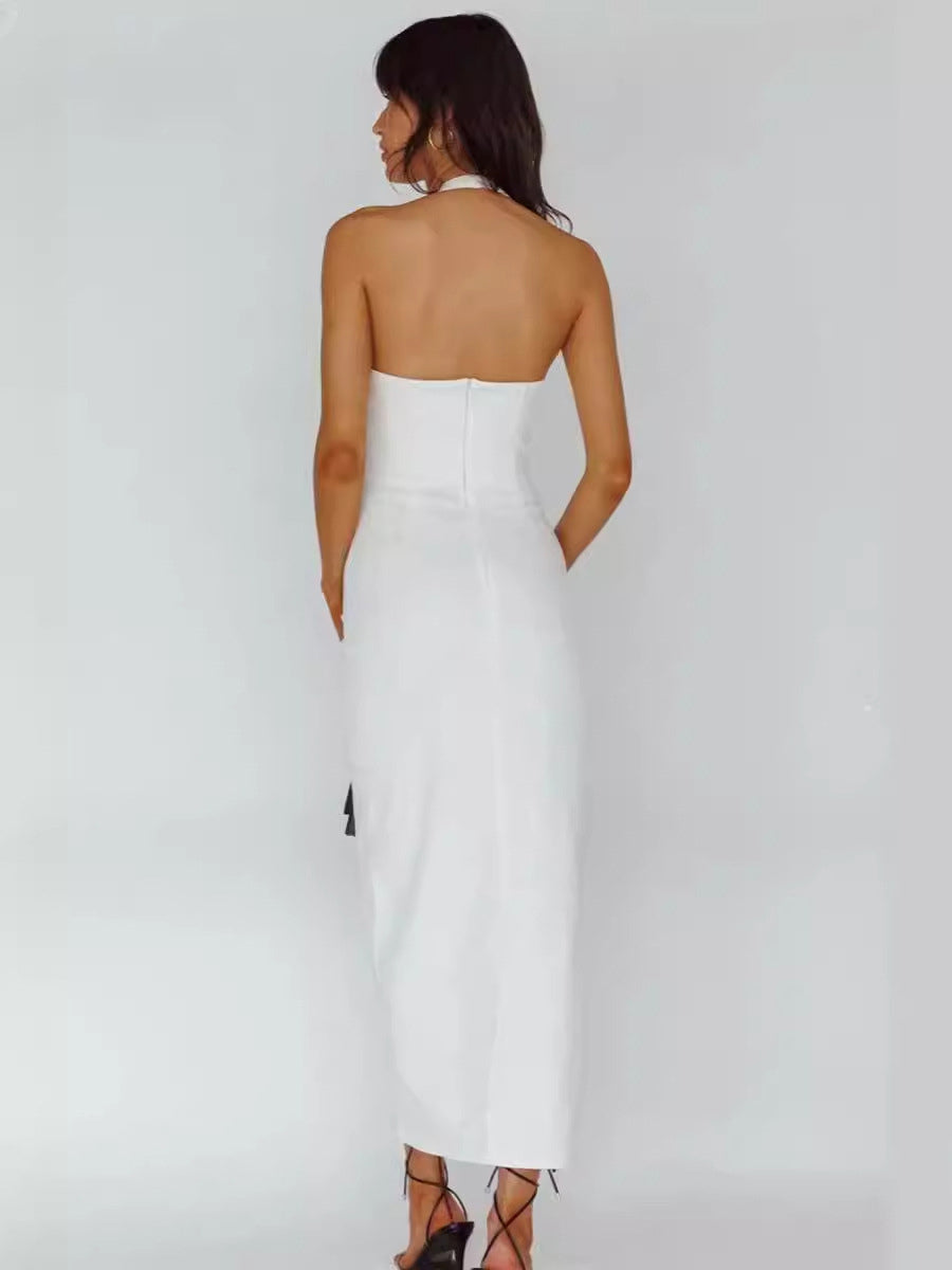 Plain Halter Dress Buttons V-Neck Backless Slit Convertible Party Midi Dresses