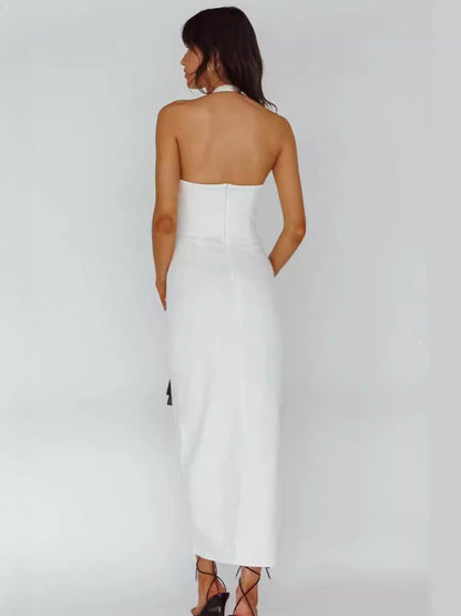 Plain Halter Dress Buttons V-Neck Backless Slit Convertible Party Midi Dresses