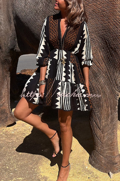 Mon Amour Ethnic Print Elastic Waist Babydoll Mini Dress