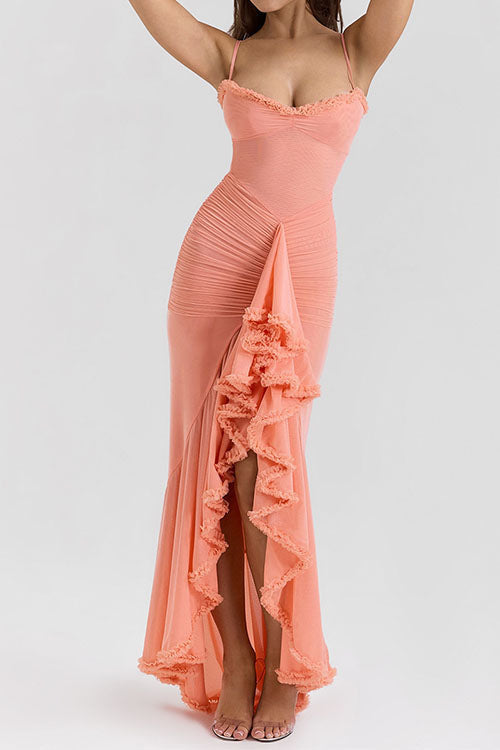 Spaghetti Strap Frill Trim Draped Slit Maxi Dress
