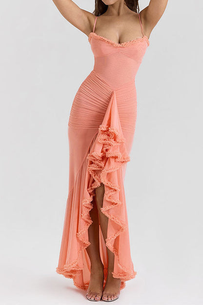 Spaghetti Strap Frill Trim Draped Slit Maxi Dress