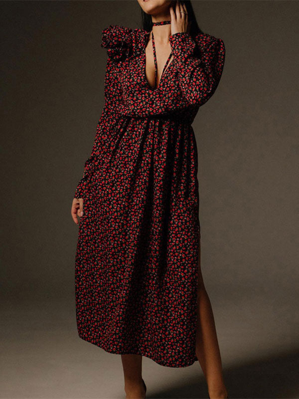 Floral Dress Bloosm Plunge High Slit Long Sleeves Busniess Casual Maxi Dresses