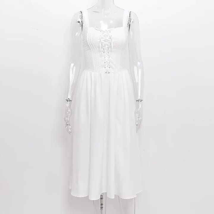 White Corset Dress Cutout Wide Strap Lace Trim Backless Party Midi Dresses