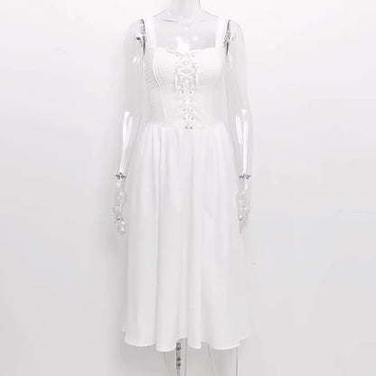 White Corset Dress Cutout Wide Strap Lace Trim Backless Party Midi Dresses