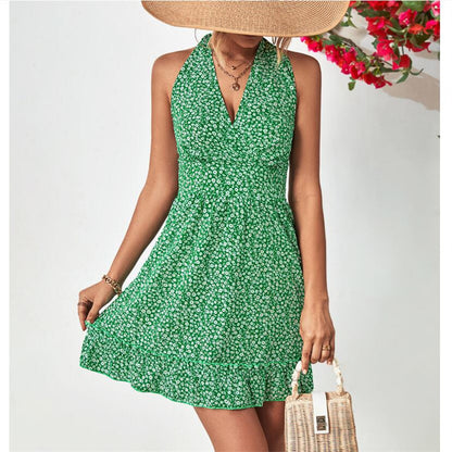 Stylish Halter Neck Open Back Ruffle Mini Dress