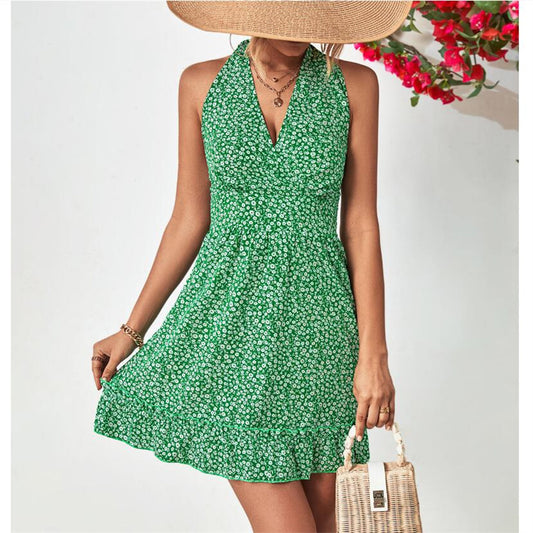 Stylish Halter Neck Open Back Ruffle Mini Dress
