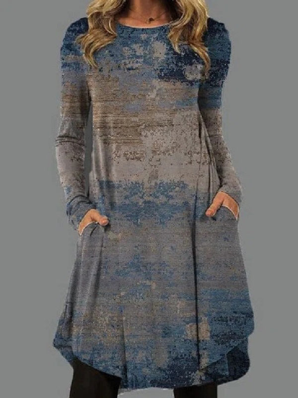 Casual Long Sleeves Contrast Color Printed Round-Neck Mini Dresses