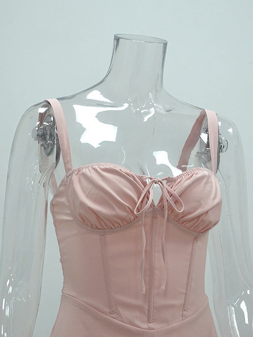 Summer Dress Mini Dresses Pink Straps Neck Lace Up Polyester Beach Dress