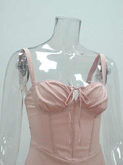 Summer Dress Mini Dresses Pink Straps Neck Lace Up Polyester Beach Dress