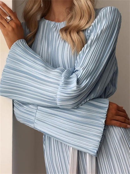 Tossy Pleated Gradient Midi Dress Women’s Lace Up New Fashion Long Sleeved Loose Pullover Female High Waist Party Dress 2024