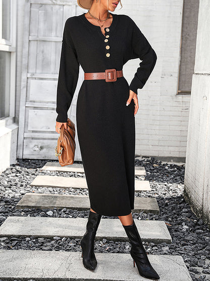 Long Sleeves Loose Buttoned Split-Joint Round-Neck Midi Dresses Sweater Dresses